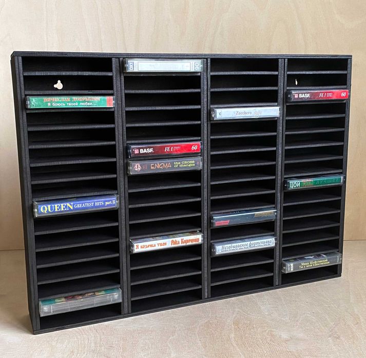 Полка аудіокасетна полиця підставка для касет дерев'яна на 64 шт, НОВА