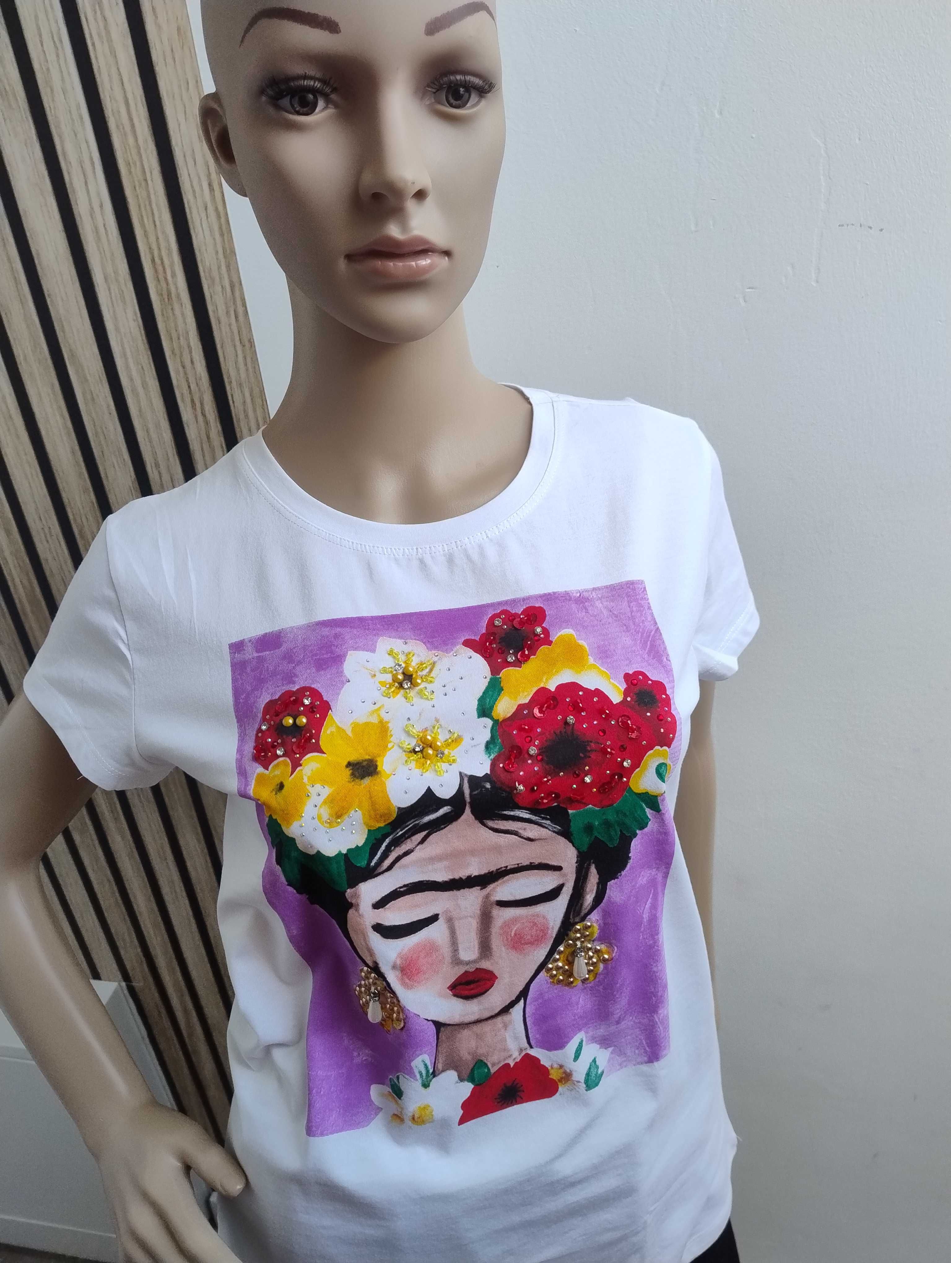 T-shirt kobieta z kwiatami Biały z fioletem L/XL PS
