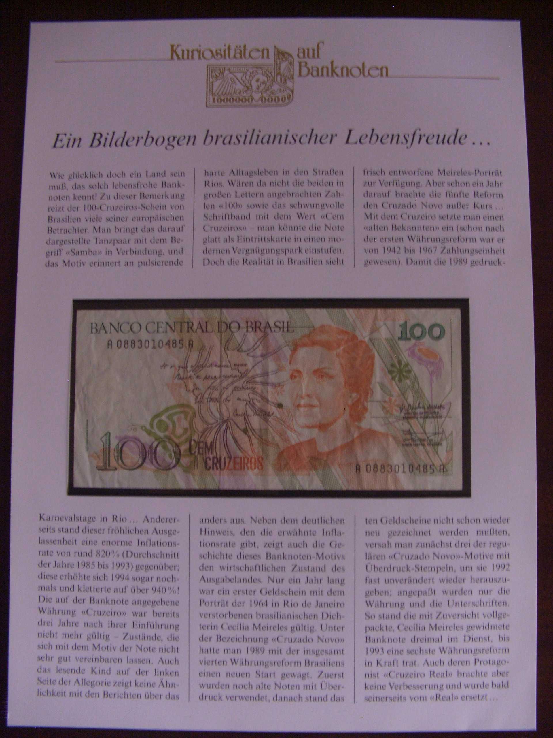 Nota Brasil 100 cruzeiros com documento.