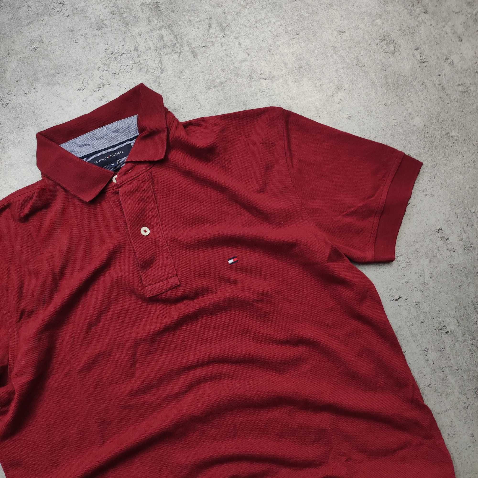 MĘSKA Koszulka Bawełna Polo Elegancka Tommy Hilfiger Bordowa PREMIUM