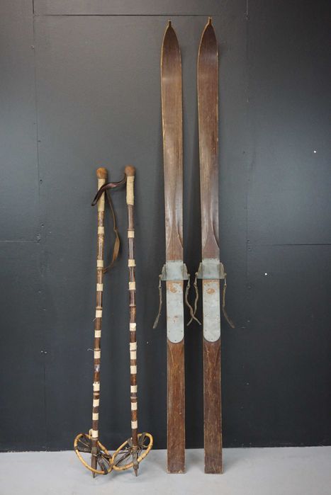 Przedwojenne drewniane narty z kijkami bambusowymi stare nr5