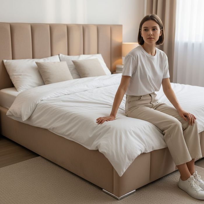 Łóżko tapicerowane Serenity z pojemnikiem na pościel stelaż metalowy