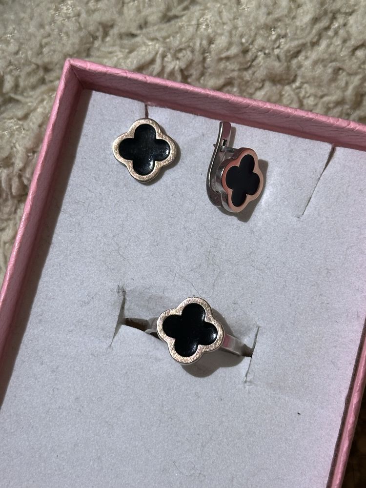 Серебро, Комплект Клевер,конюшина, van cleef / серьги и кольцо