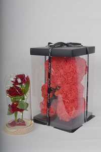 Zestaw Miś z róż + Róża w szkle Lampki LED idealny prezent DZIEŃ MAMY