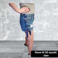 Nowe spodenki szorty jeansowe M 38 wysoki stan ozdobne wiązanie