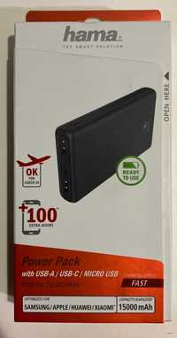 Павербанк Hama ALU15HD. 15000 mAh, 15Вт/3А, USB+ Тype-С, Quick Charge3