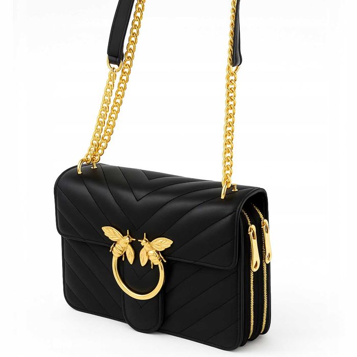 Torebka Damska Listonoszka Czarna Skóra Eko Pikowana Złoty Łańcuszek