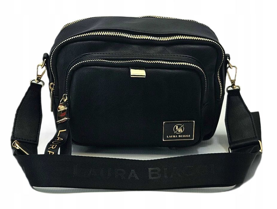 Trzykomorowa torebka listonoszka Laura Biaggi czarna skórzana logo