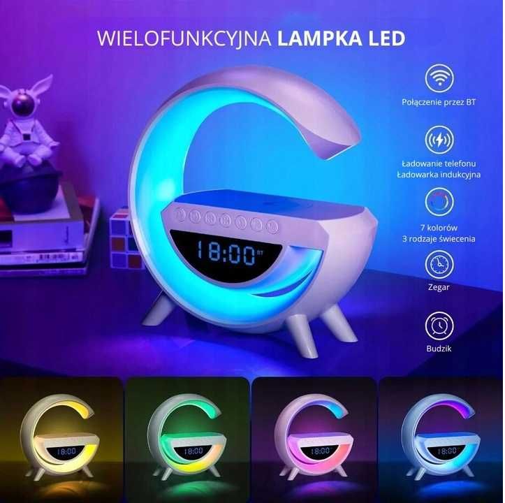 LAMPKA LED RGB Ładowarka INDUKCYJNA QI Głośnik budzik Radioi Zegar uSB