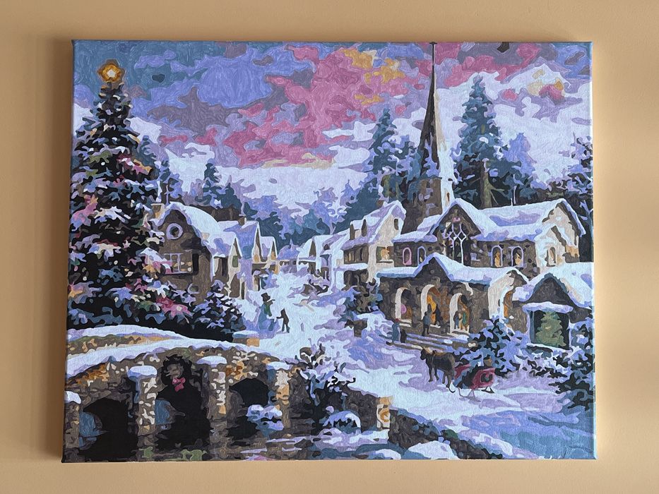 Obraz miasteczko zimą płótno farba olejna 40x50 cm