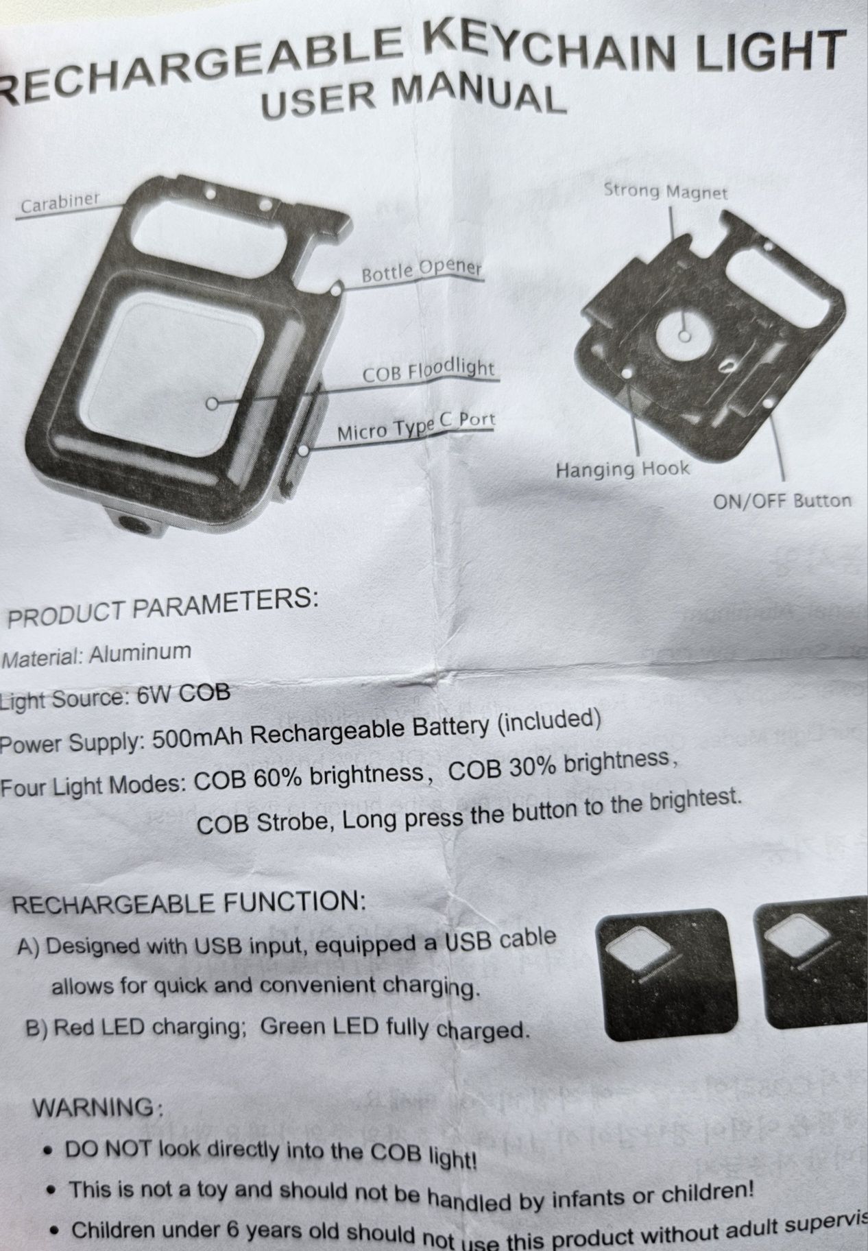 Портативный фонарик 500mAh /F05-пластик COB Rechargeable Keychain Ligt