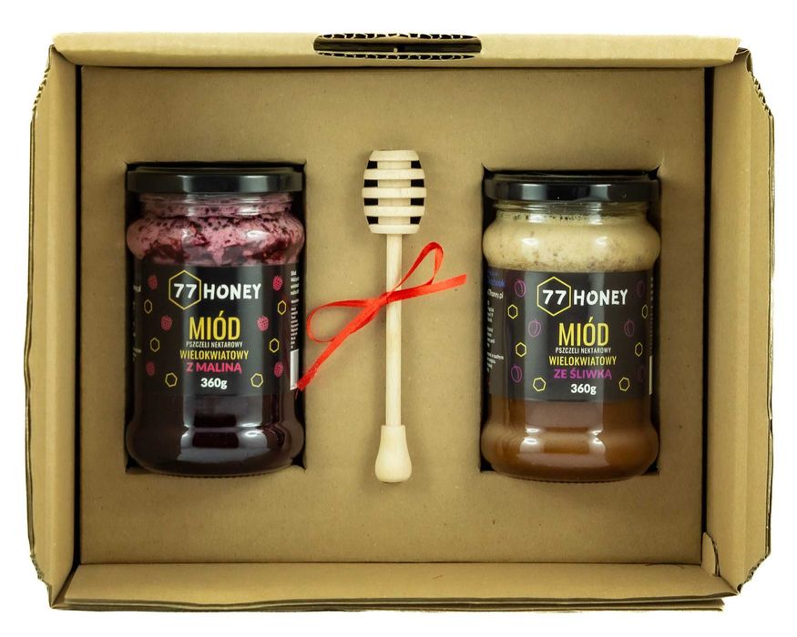 zestaw prezentowy miodów z owocami 2 x360g Malina i Śliwka