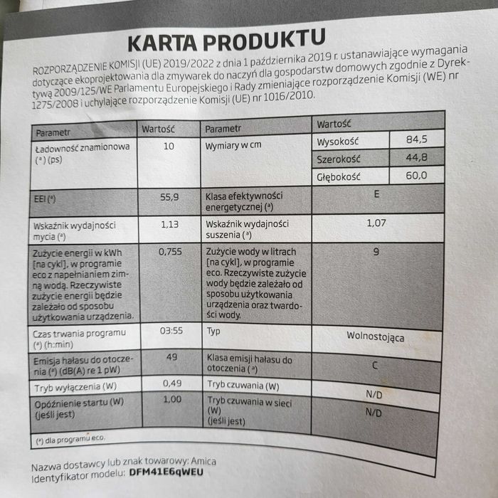 Zmywarka Amica 45cm nowa kolor Biały