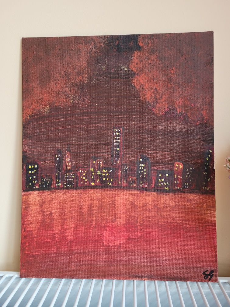 Miasto nocą nad wodą obraz płótno akryl 24x30
