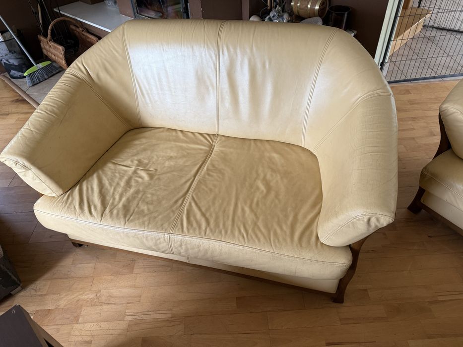 Komplet skórzany: duża sofa z funkcją spania + mała sofa + fotel