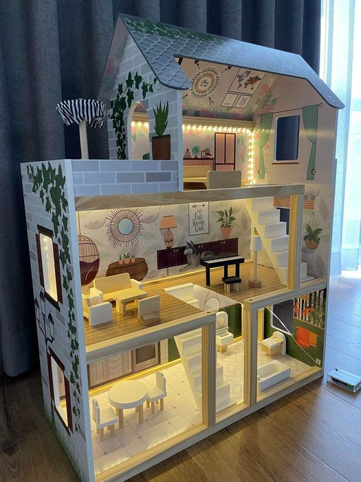 NOWY DUŻY Domek dla lalek drewniany mebelki 78cm oświetlenie LED boho