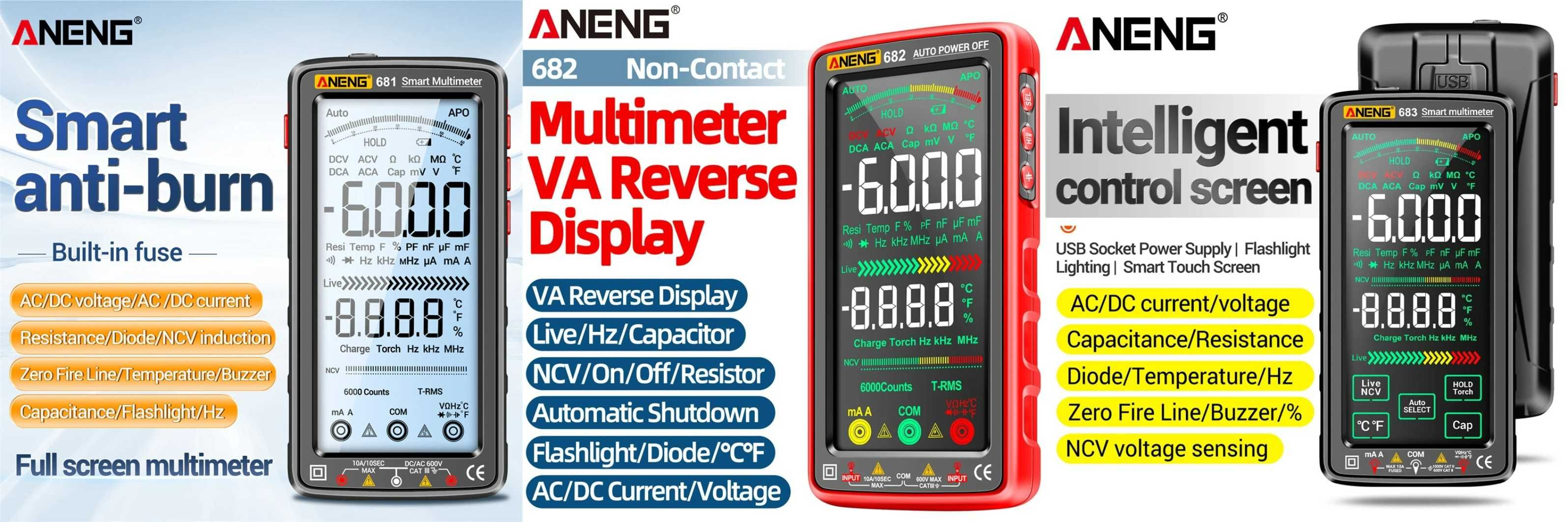 ANENG 681 682 и 683 Smart тестер мультиметр AC/DC NCV R/C/D/t/f Li-Ion