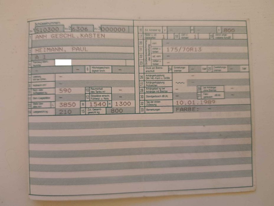 Przyczepka dokumenty Heimann Paul dmc. 800 kg