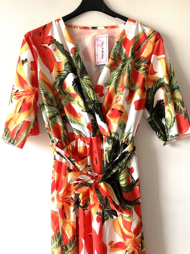 Nowa tropikalna sukienka wzory wiązana butik
