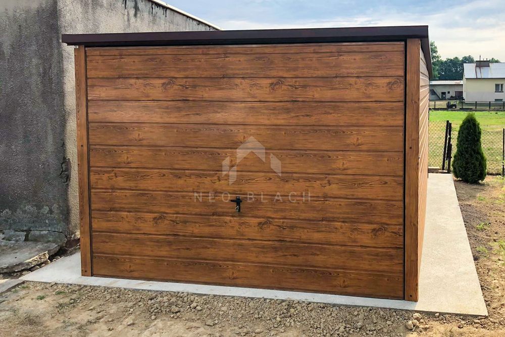 Garaż Blaszany 3X5 Brama - Drewnopodobny Orzech - Spad W Tył  Nb95