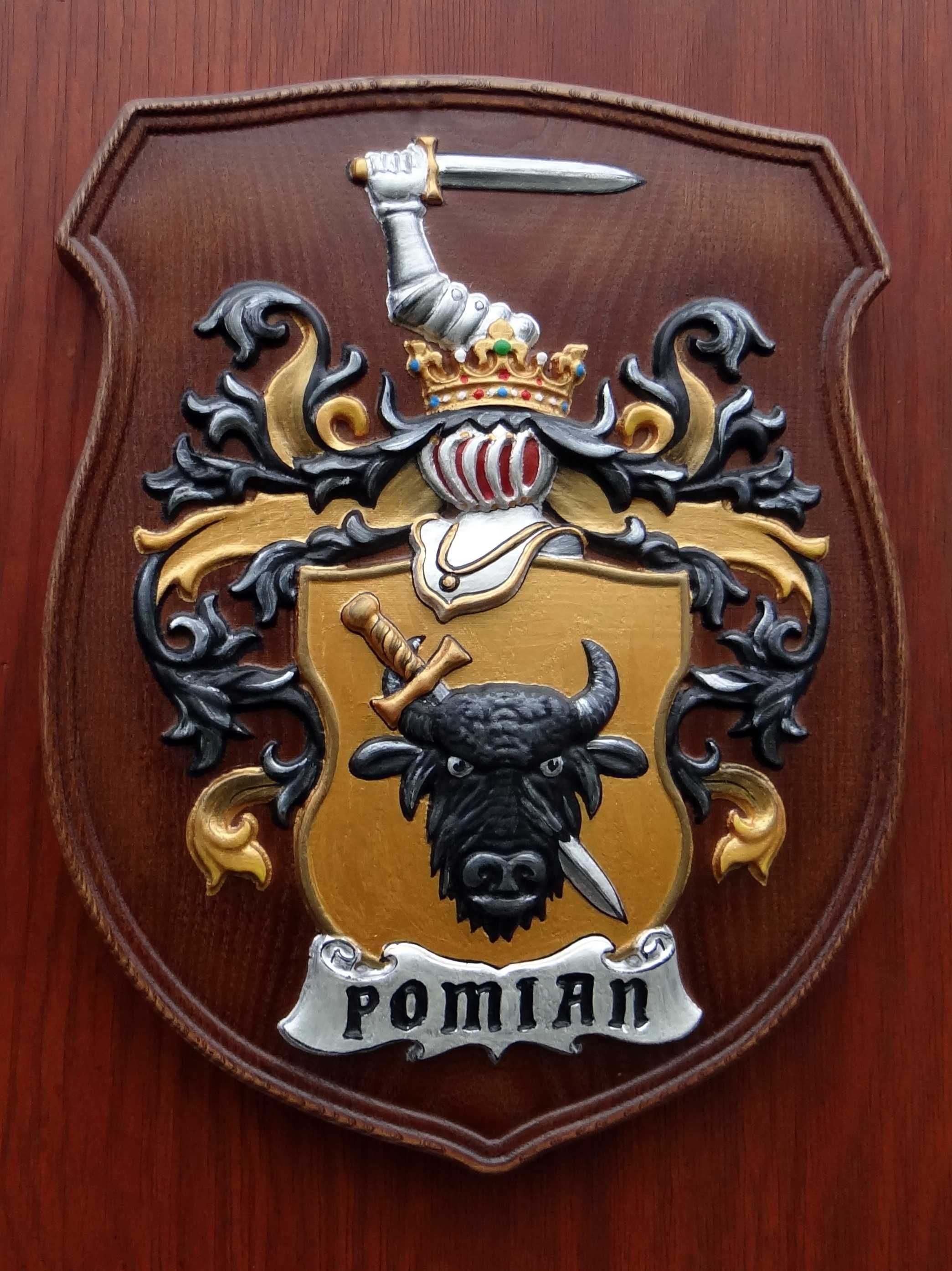 Herb szlachecki POMIAN - płaskorzeźba w drewnie jesionowym