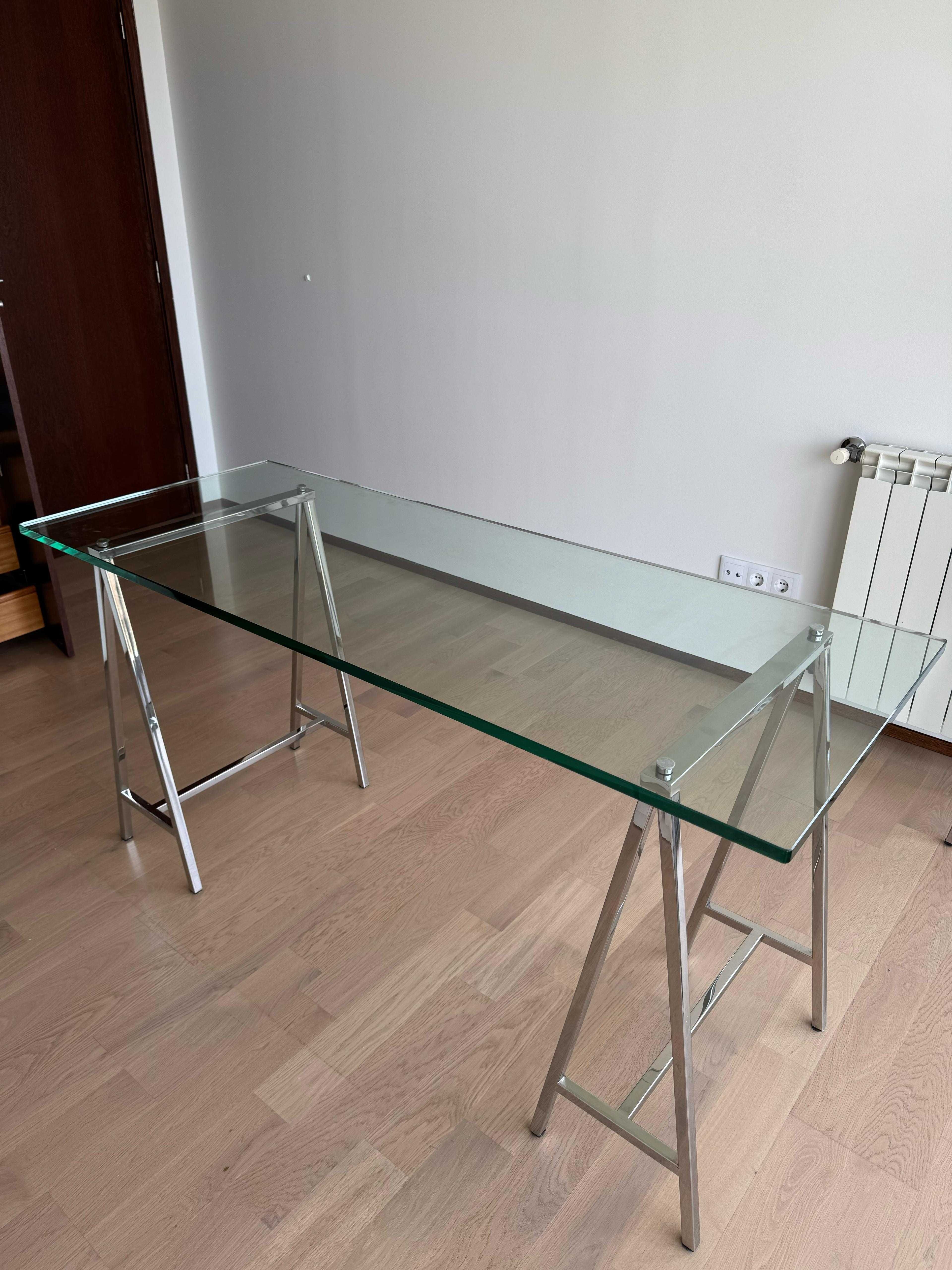 Secretaria Vidro 150cm com (ou sem) módulo de apoio e pernas em inox