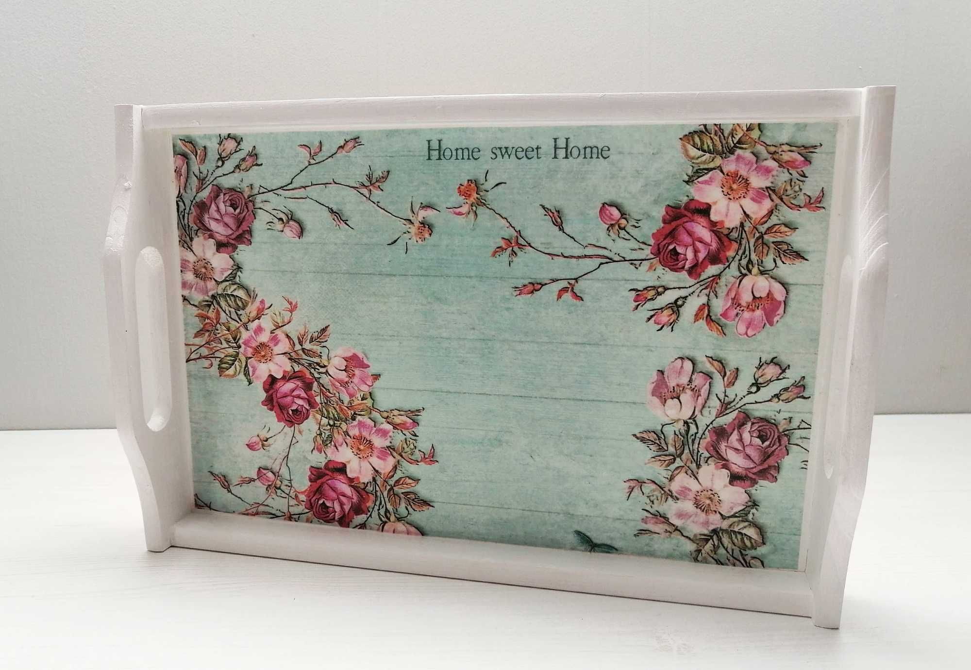 Drewniana taca BIAŁA Kwiaty decoupage ręcznie robiona nowa