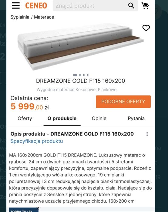 Materac 160x200 GOLD F115 DREAMZONE NOWY 60 % Taniej