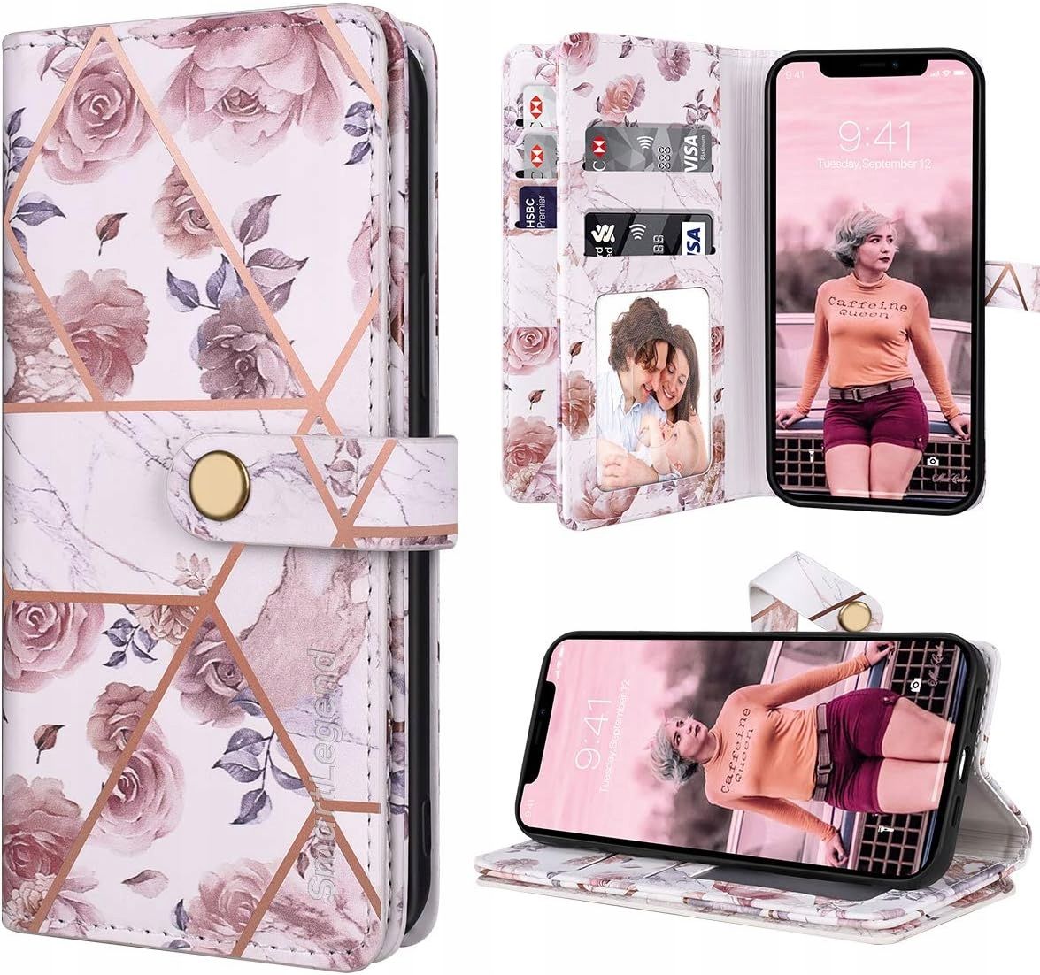 Dracool Etui Portfelowe do iPhone 12 mini Złoto-Różowy Marmur na Karty