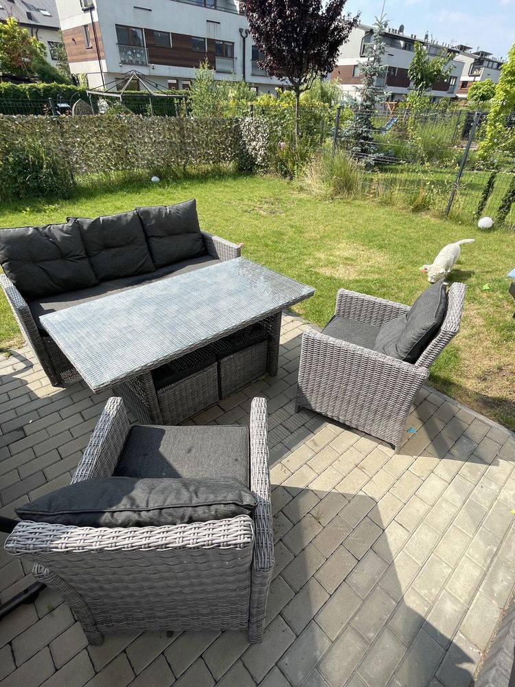 Komplet ogrodowy technorattan Meven Panama. Sofa, stół 2 fotele 2 pufy