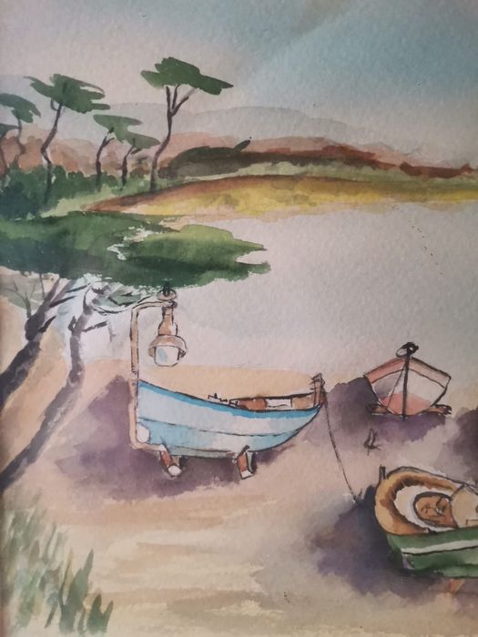 Aguarela sob papel * Barcos no Porto*, Seychelles