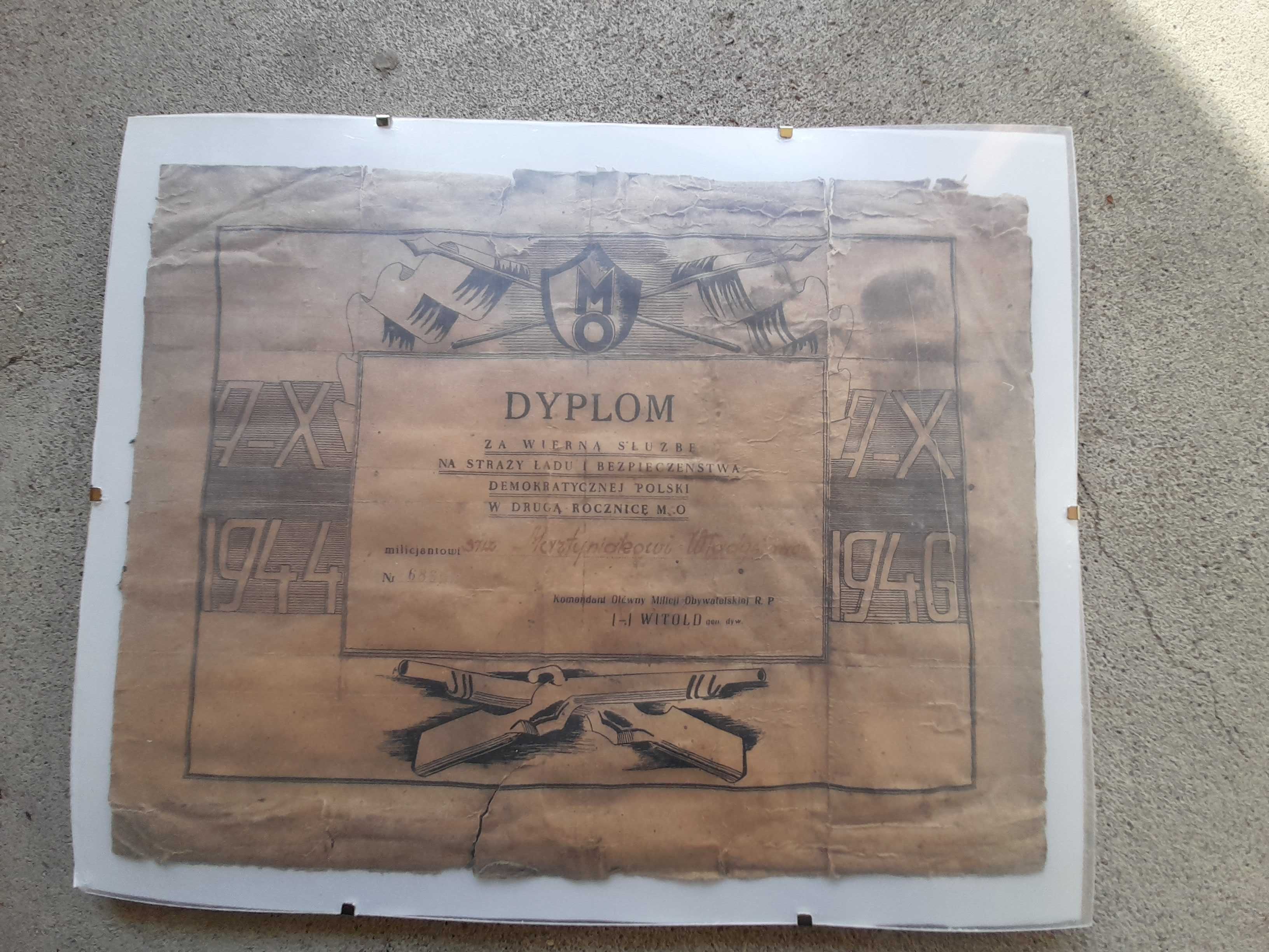 Mo milicja 1946 dyplom KGMO RP zamiast PRL ps. Witold. Oryginalny