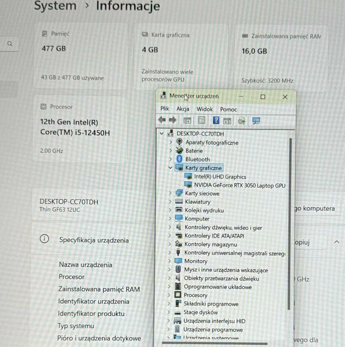 gamingowy laptop Msi Jak nowy I5 12450H rtx 3050