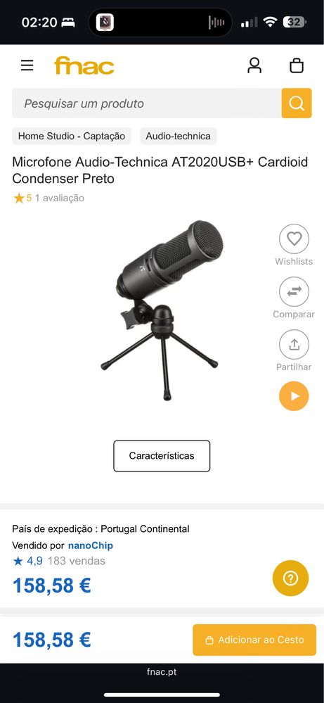 Microfone Audiotechnica AT2020usb+ com filtro de oferta.