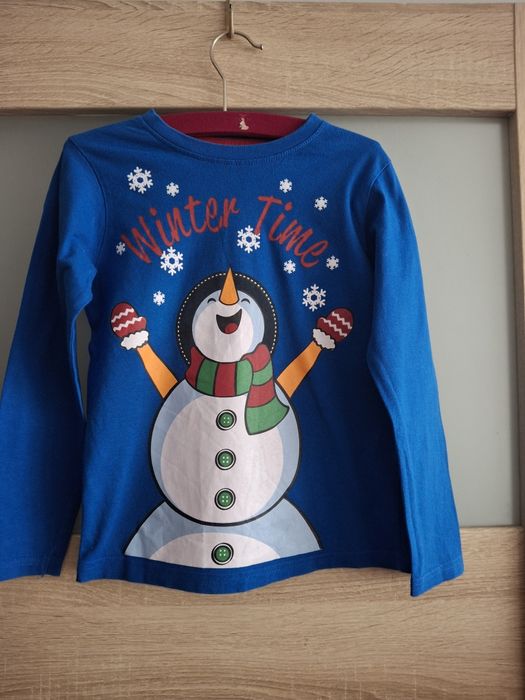 Niebieska bluzka z bałwanem długi rękaw 122 dla chłopców