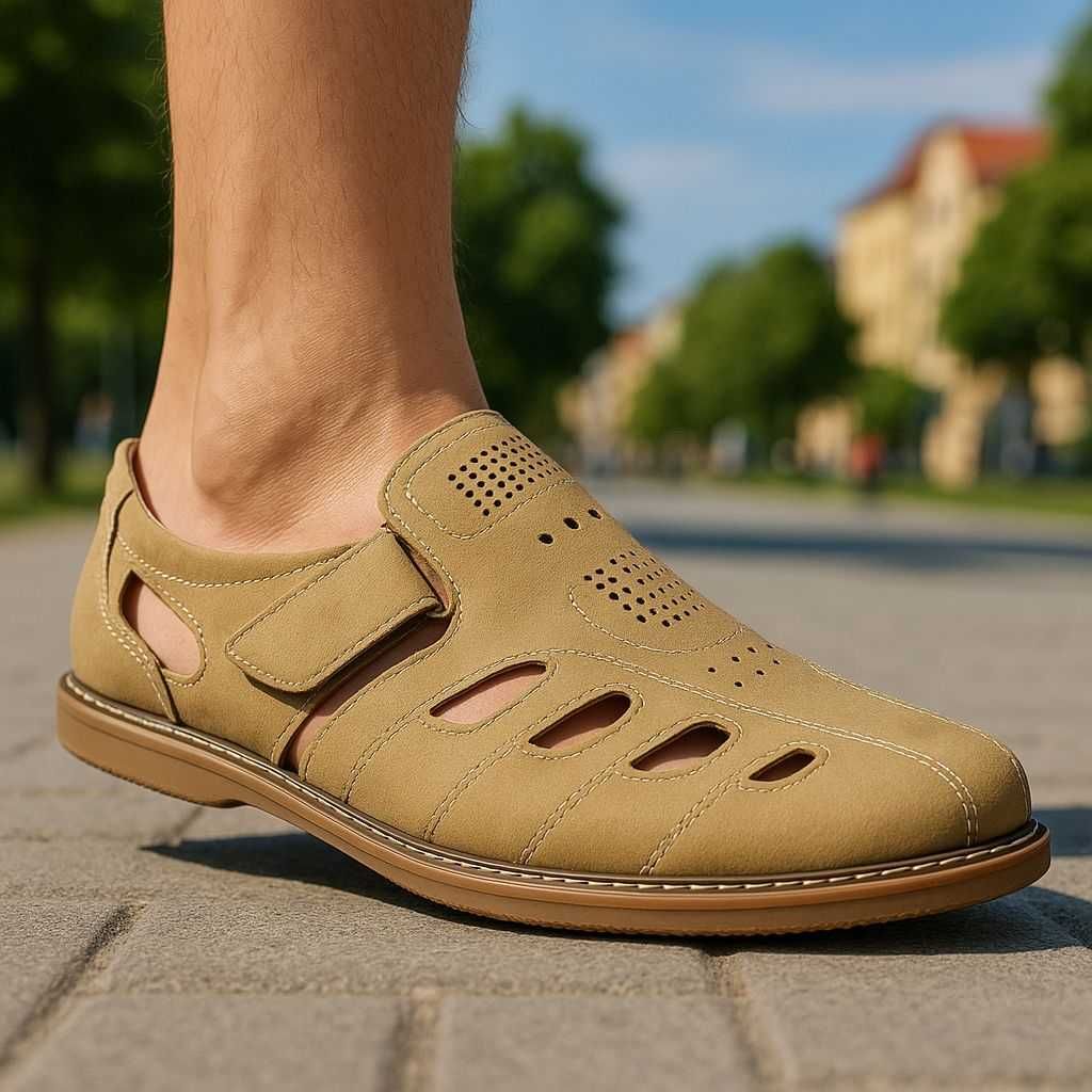Półbuty ażurowe letnie męskie sandały na rzepy 7010 beż  roz. 43