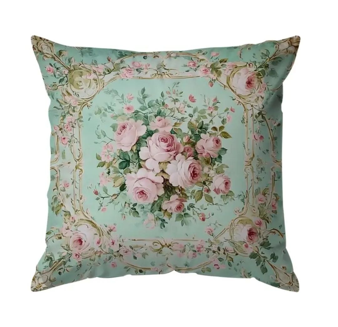 Miętowa poszewka na poduszkę 45x45 print kwiaty shabby chic vintage
