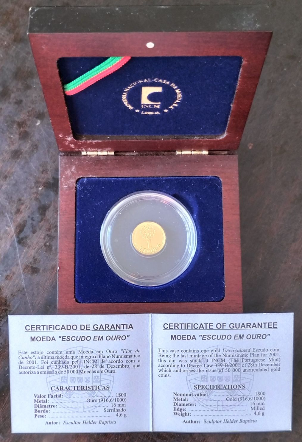 Moeda Ouro 1$ 2001 Nova C/Cinta Exterior e Certificado