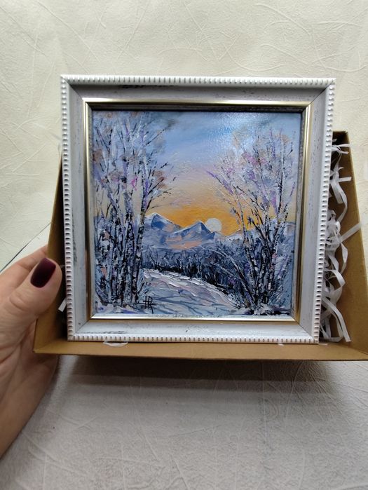 Новорічний декор, картина "Зимовий пейзаж" 17х17см, в рамці, олія.