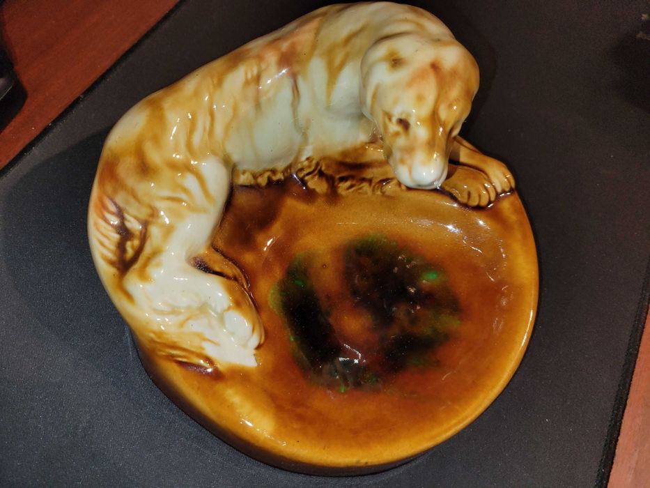 Статуэтка пепельница собака старая гежель, обливная керамика ссср