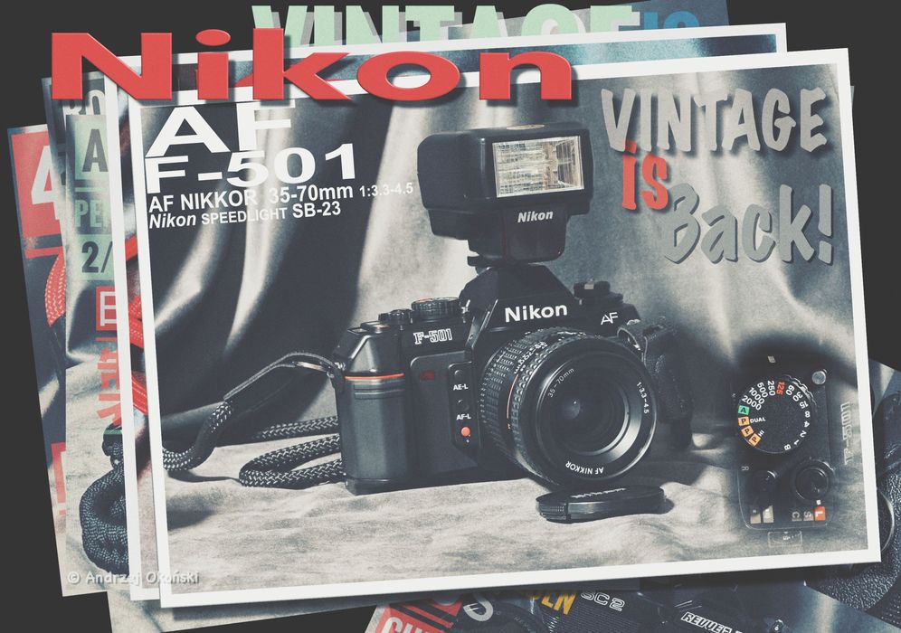 Nikon z obiektywem, plus lampa, pasek i baterie