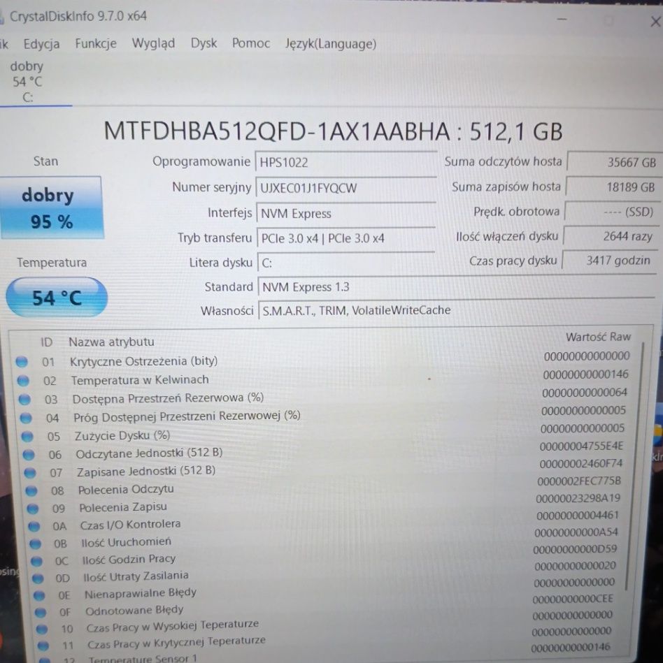 Dysk SSD M.2 NVMe 512 GB – HP/Micron, używany, 95% zdrowia, sprawny