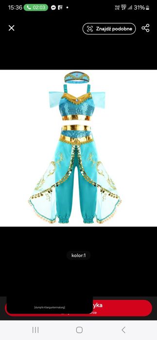 Strój jasmina nowy wiele rozmiarow 110-156+ gadżety