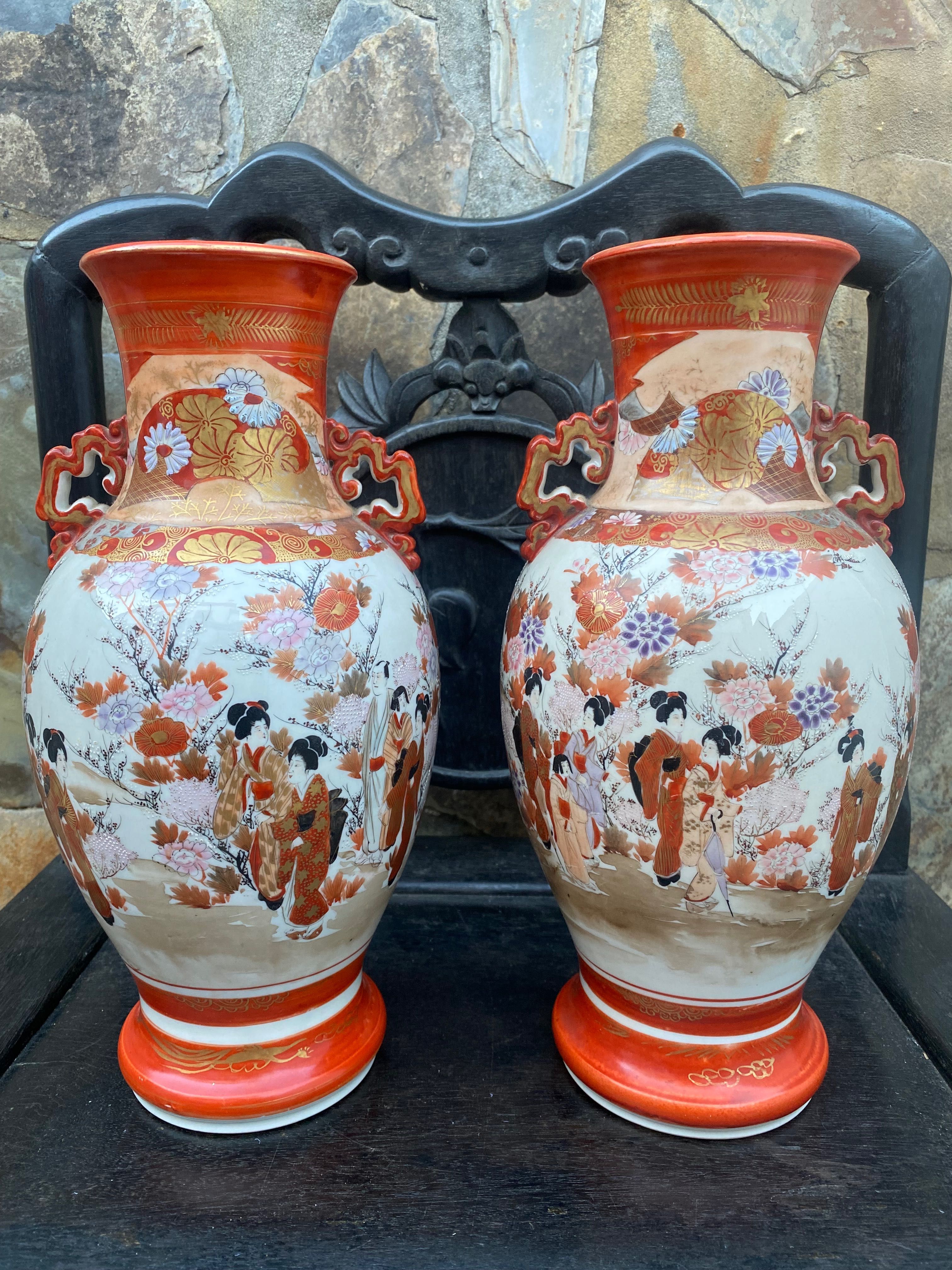 Jarras Cerâmica Japonesa Kutani Imari Séc XIX Assinadas 30,7 cm