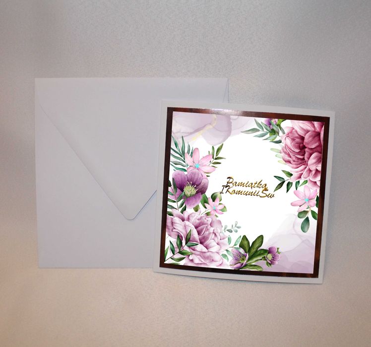 Kartka fioletowe kwiaty i różowe złoto / ślub chrzest komunia urodziny