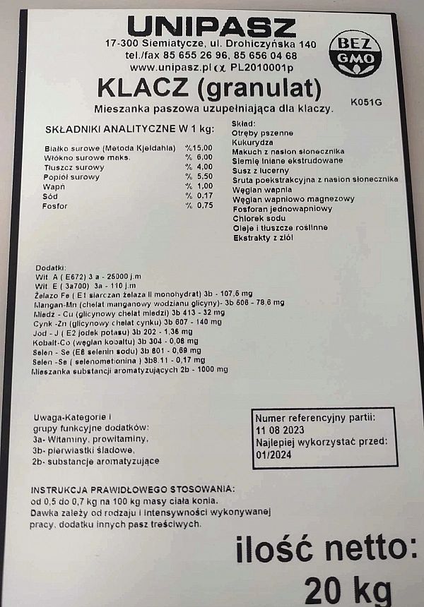 Pasza karma dla koni KLACZY granulat 20kg UNIPASZ