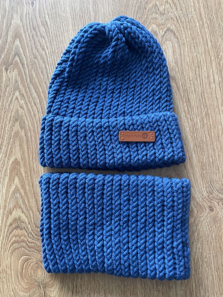 PROMOCJA! NOWY Komplet niebieska czapka i komin wełną Merino handmade