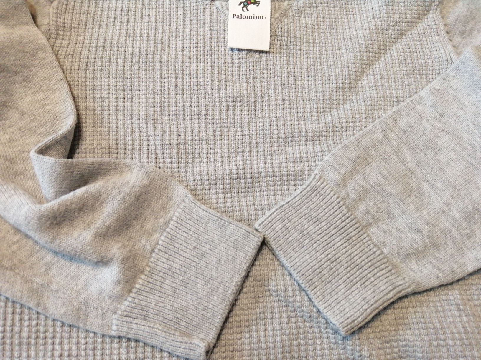 Zestaw, komplet, spodnie jeansowe, sweter szary elegancki r. 98