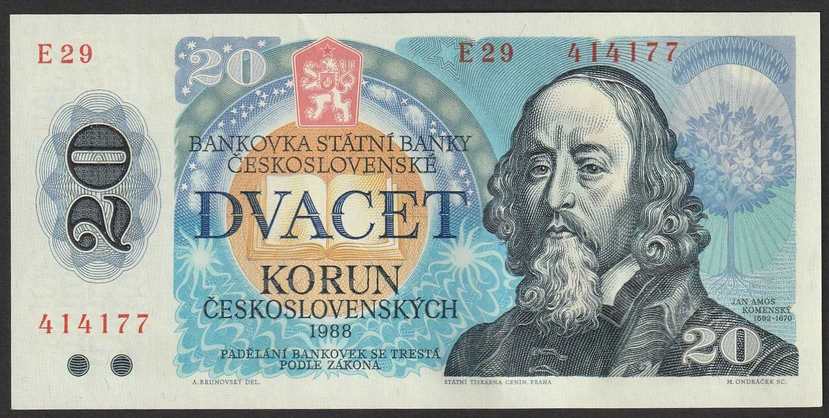 Czechosłowacja 20 koron 1988 - Komensky - stan bankowy UNC