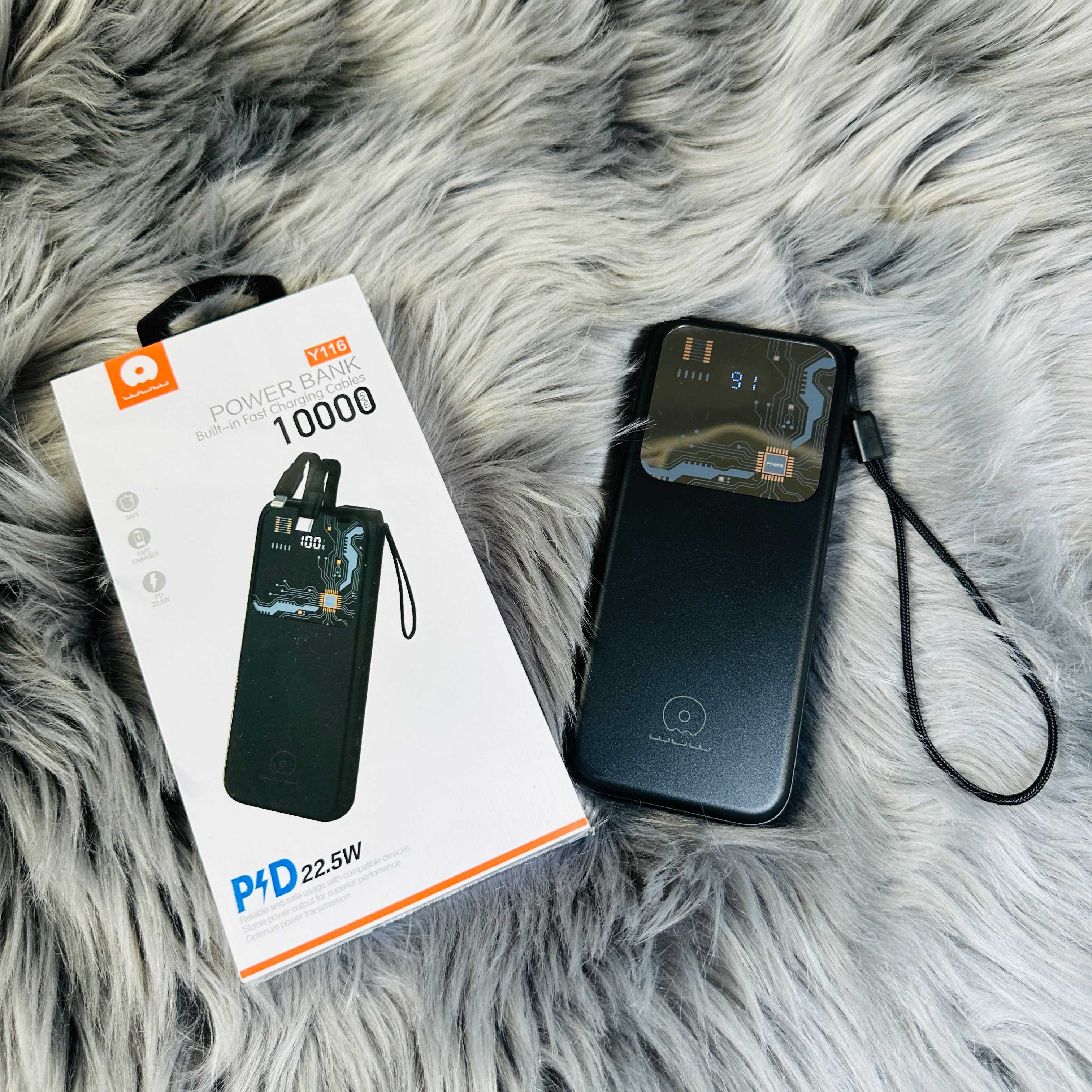 Павербанк 10000 mAh з 2 кабелями 22.5W та екраном Wuw Y116 Power bank